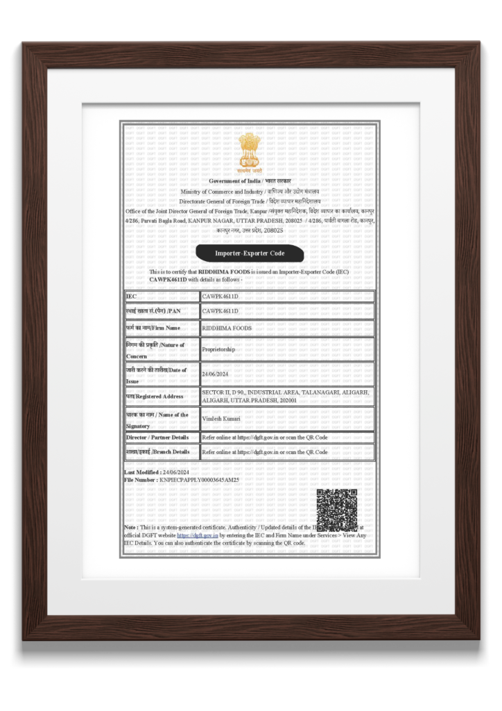 RIDDHIMA FOODS - certificateOfIEC